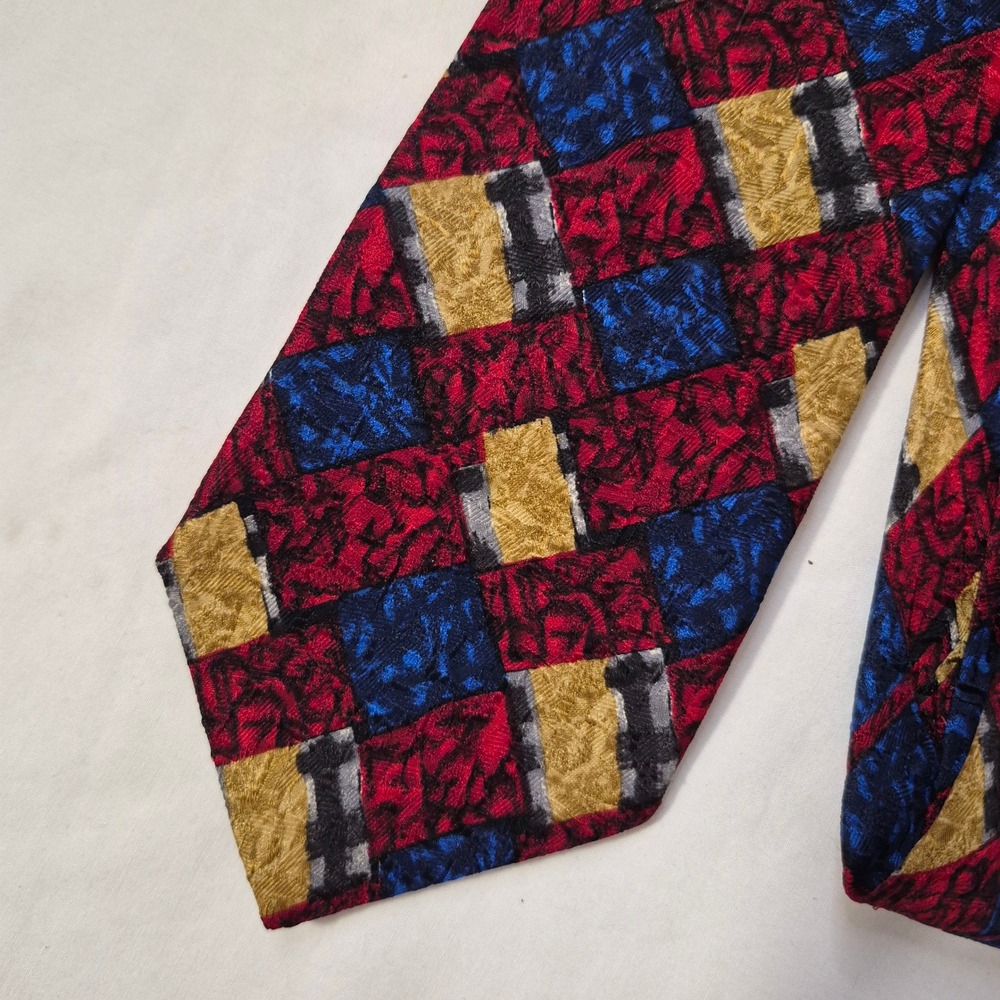 Ermenegildo Zegna Tie Mens Red Blue Geometric Abstract Silk Necktie Italy Office - Picture 8 of 9
